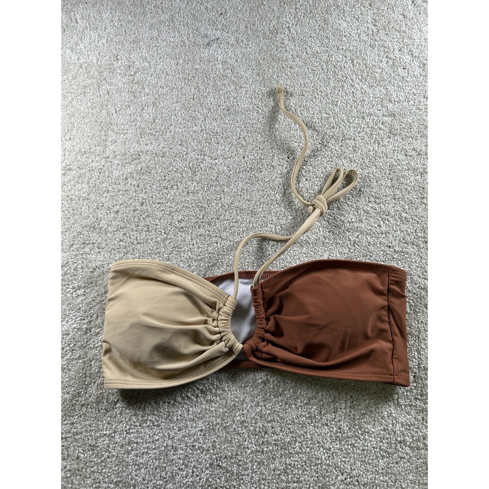Bikini Top Womens Medium Brown Tan Bandeau Tie Halter Strap Colorblock Swimwear